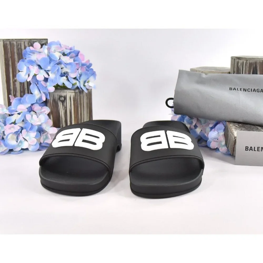 Balenciaga BB Black Rubber Wedge Slide Sandals Size 38 NIB - Picture 7 of 10
